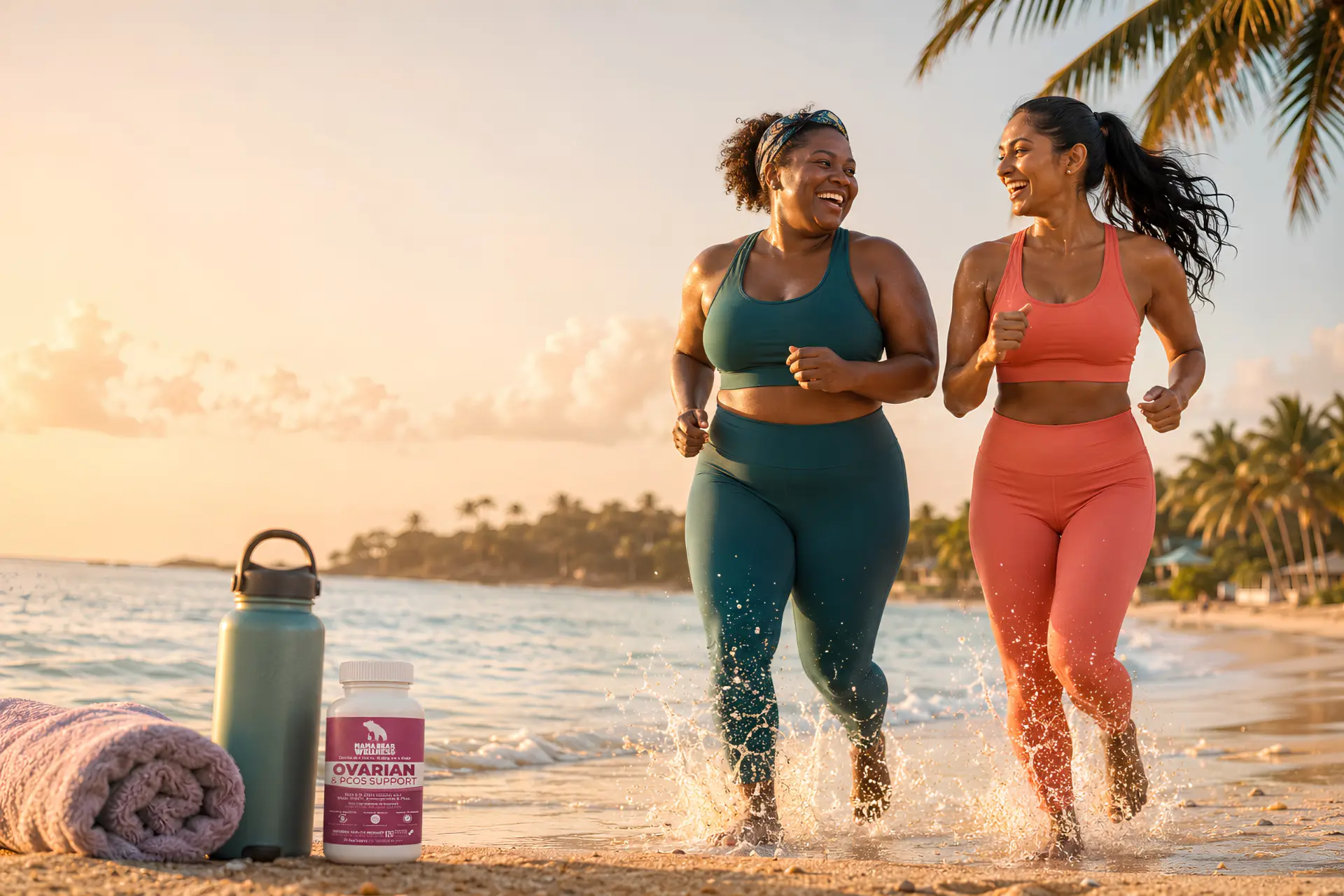 Two women running along a Caribbean beach at sunset beside a Mama Bear Wellness Ovarian & PCOS Support supplement bottle