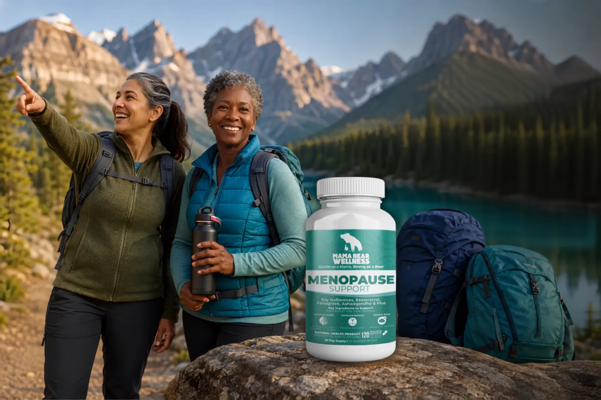 Two women hiking outdoors with Mama Bear Wellness Menopause Support supplement bottle